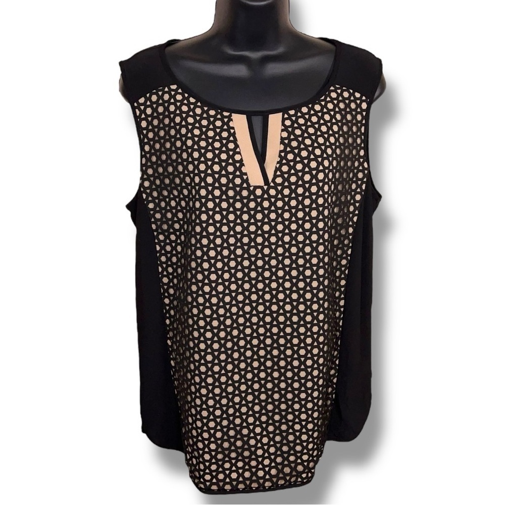 Petite Large Dressbarn Black Ivory Mesh Lace Front Sleeveless Top Keyhole Neck